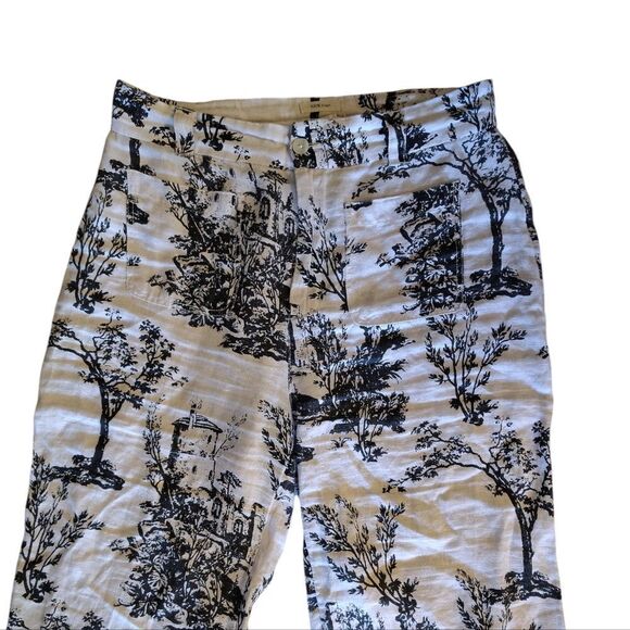 Joie White Black Printed 100% Linen High Rise Wide Leg Pants Size 8 - Picture 3 of 14